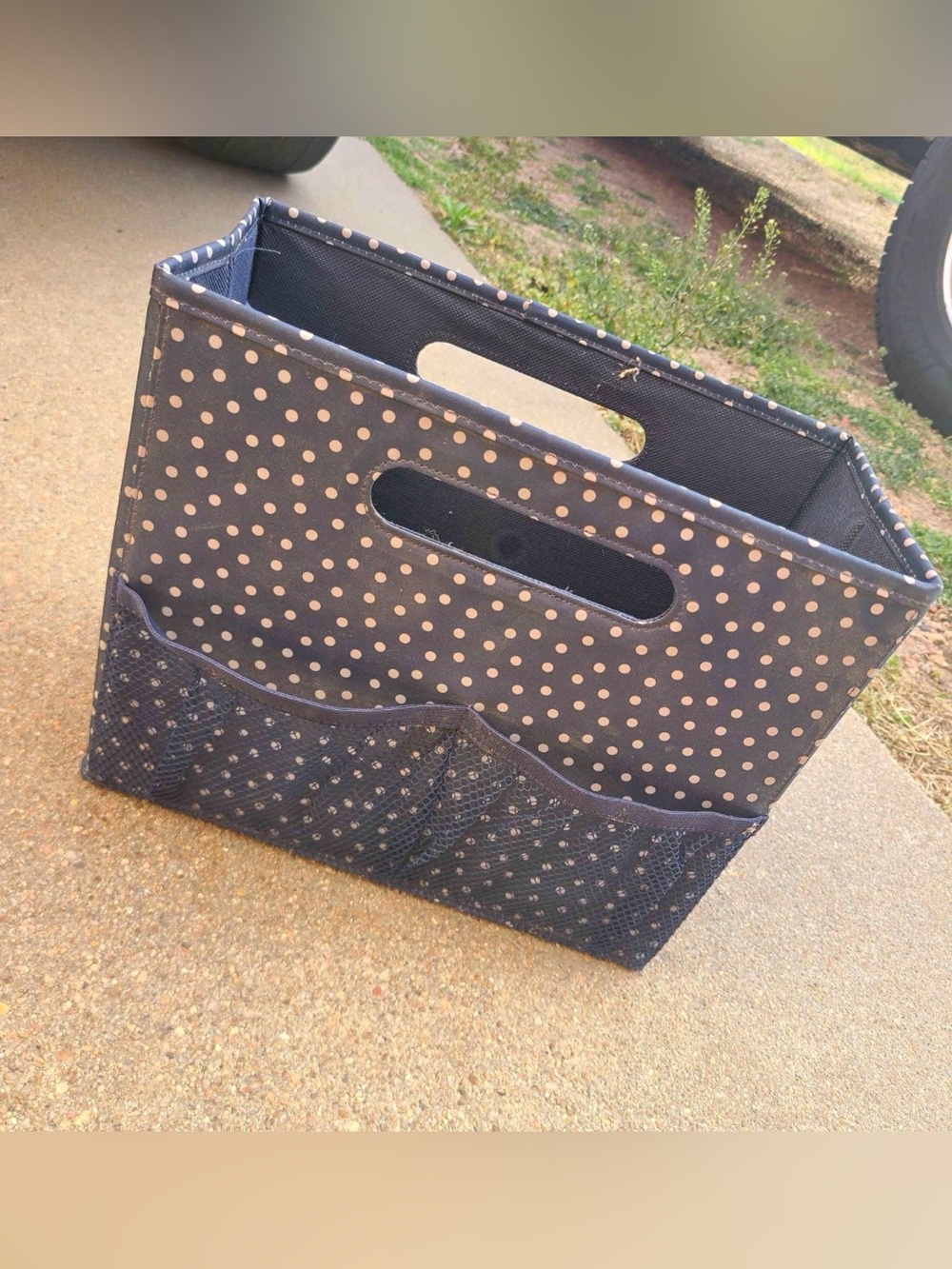 Thirty-One Fold N’ File Organizer Navy Polka Dot Storage Bin Mesh Pockets